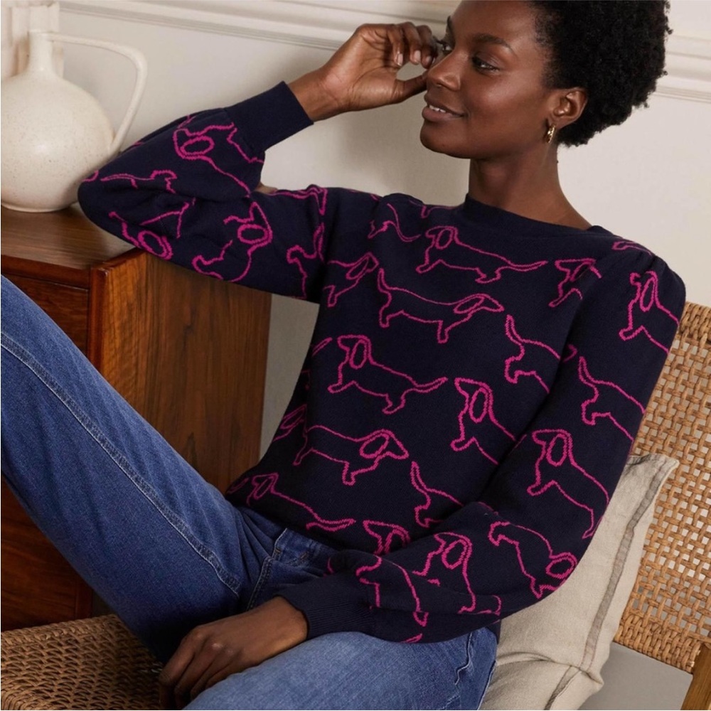 Boden Navy Sweater with Pink Dachshund Design